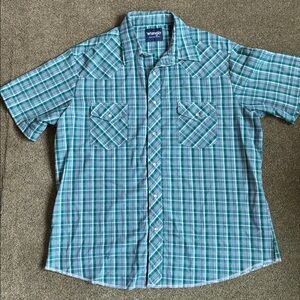 Wrangler Western Pearl Snap Shirt Short Sleeve Green White Plaid XL